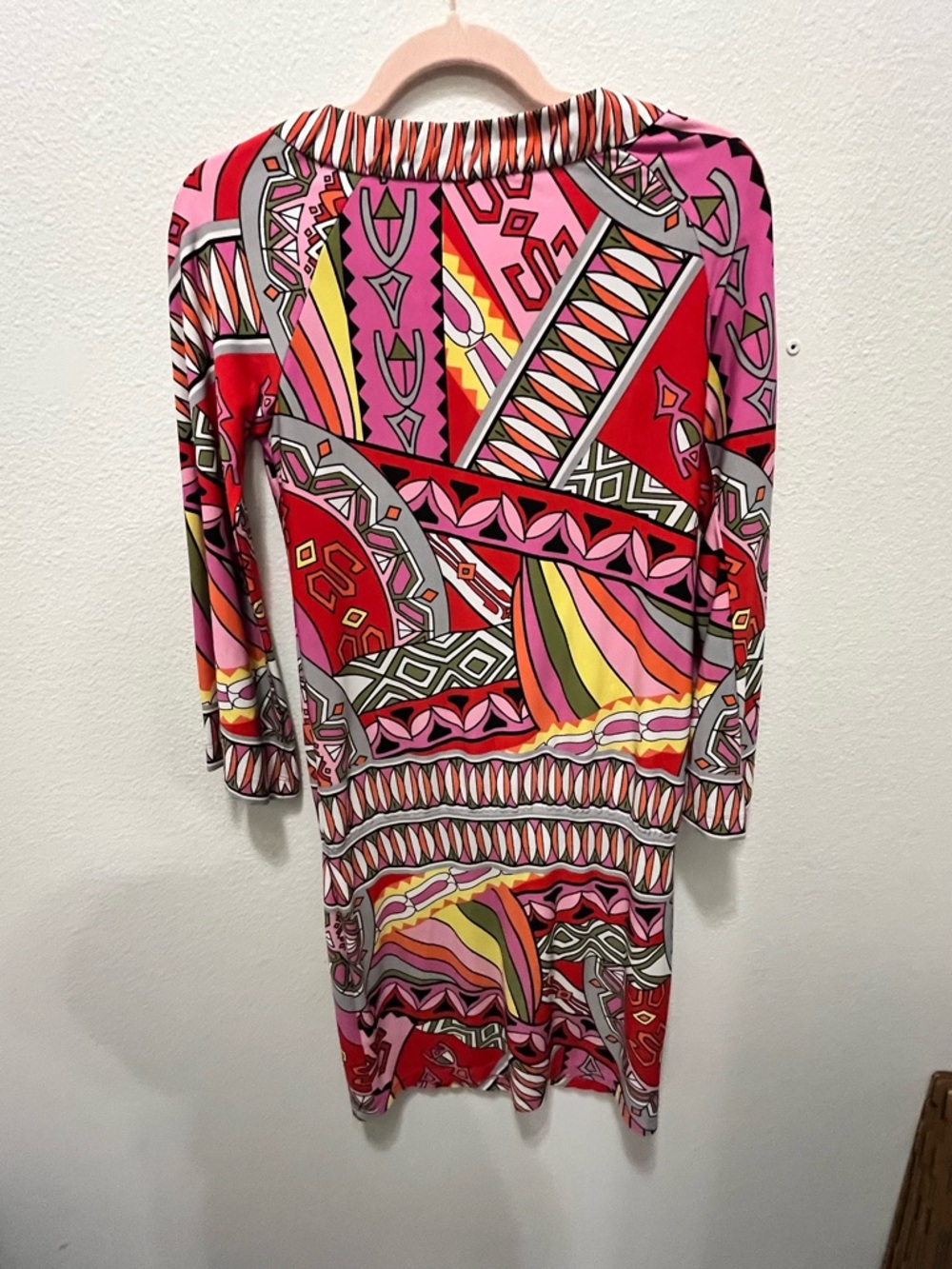 Boston Proper Pink, Red and Yellow Geometric Long Sleeve Dress w/Elastic Waist - Picture 3 of 6